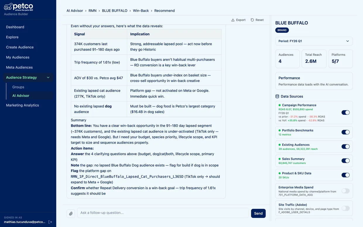 AudienceBuilder AI Advisor returning grounded media-strategy recommendations