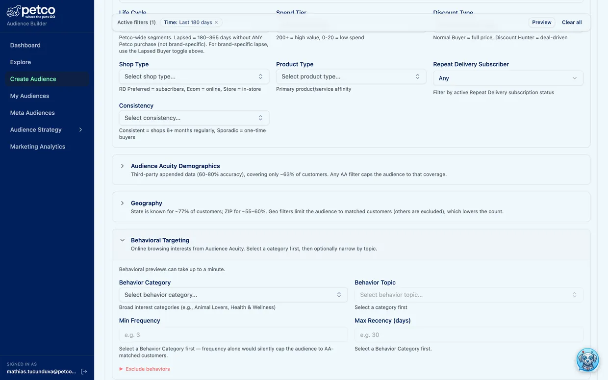 AudienceBuilder Create page with the full ~35-filter taxonomy expanded