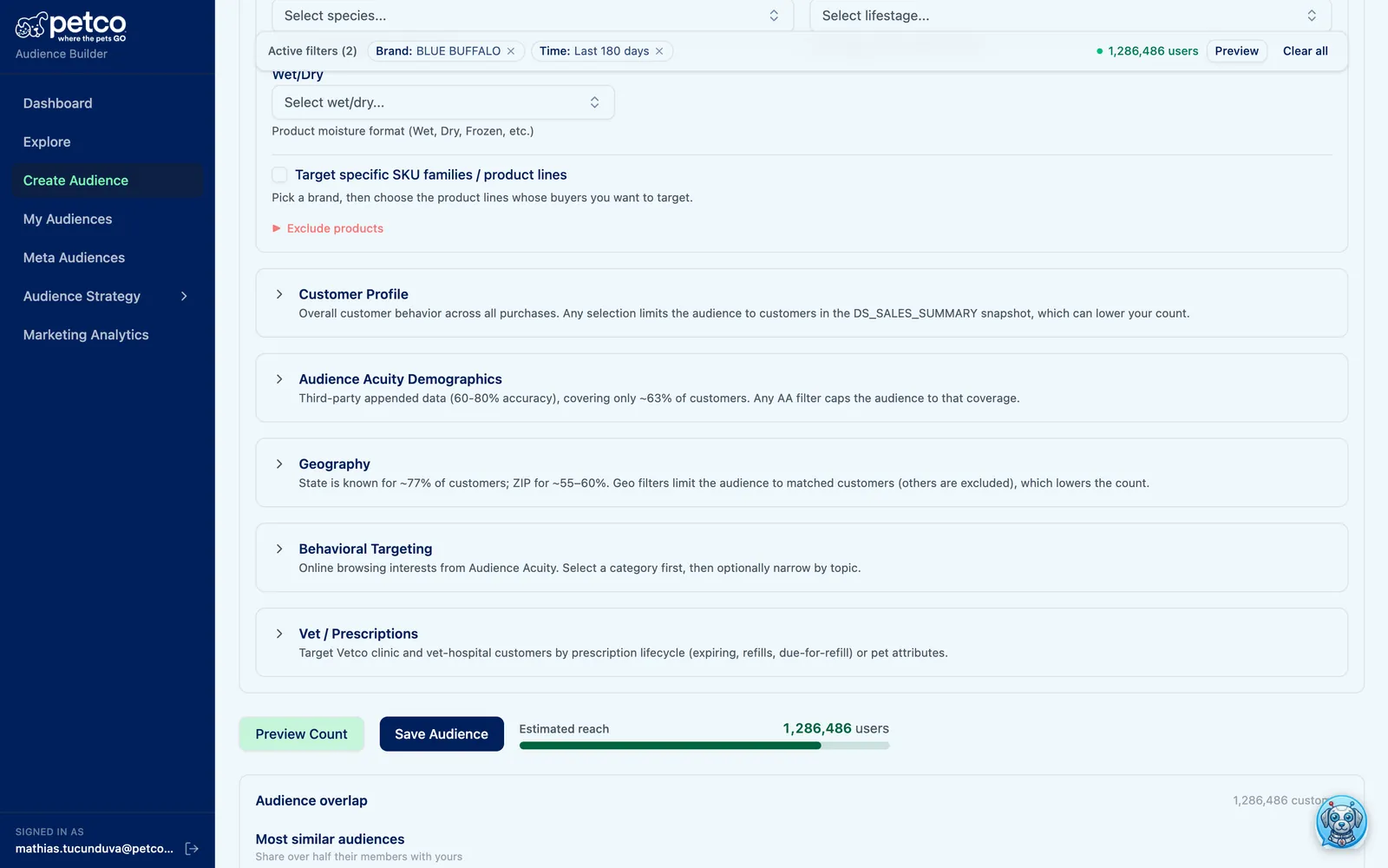 AudienceBuilder Create flow with a live previewed audience count