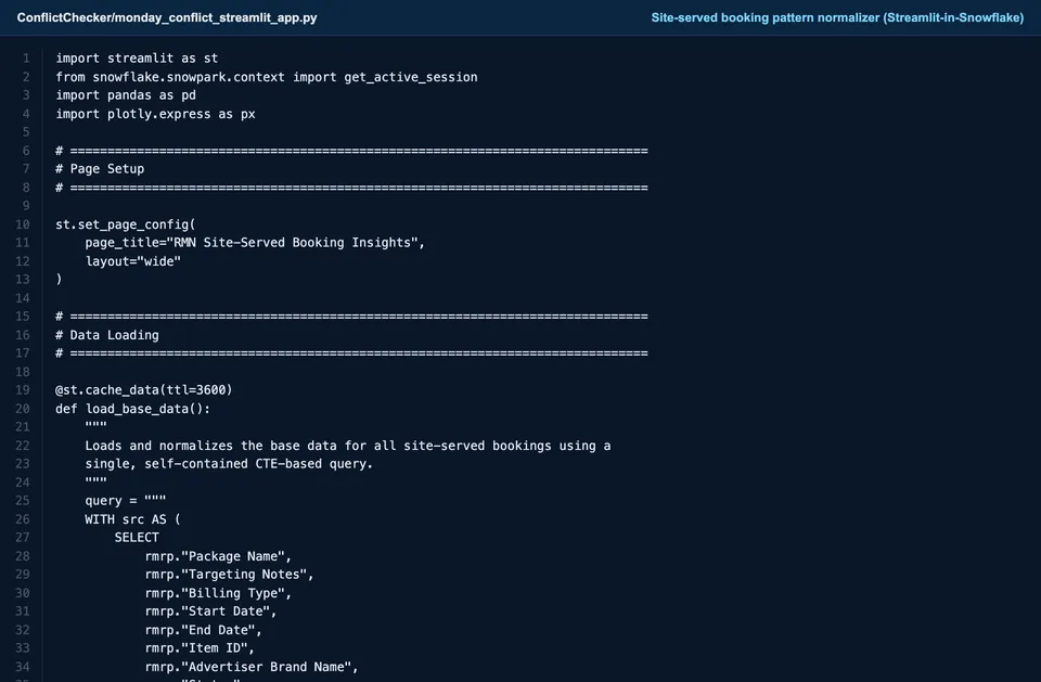 Site-served booking pattern normalizer built as Streamlit in Snowflake