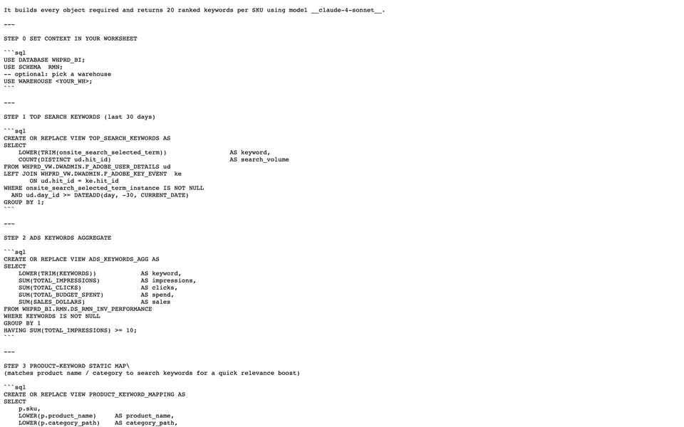 The RECOMMEND_KEYWORDS_FOR_SKU stored procedure with candidate pools and weighted scoring