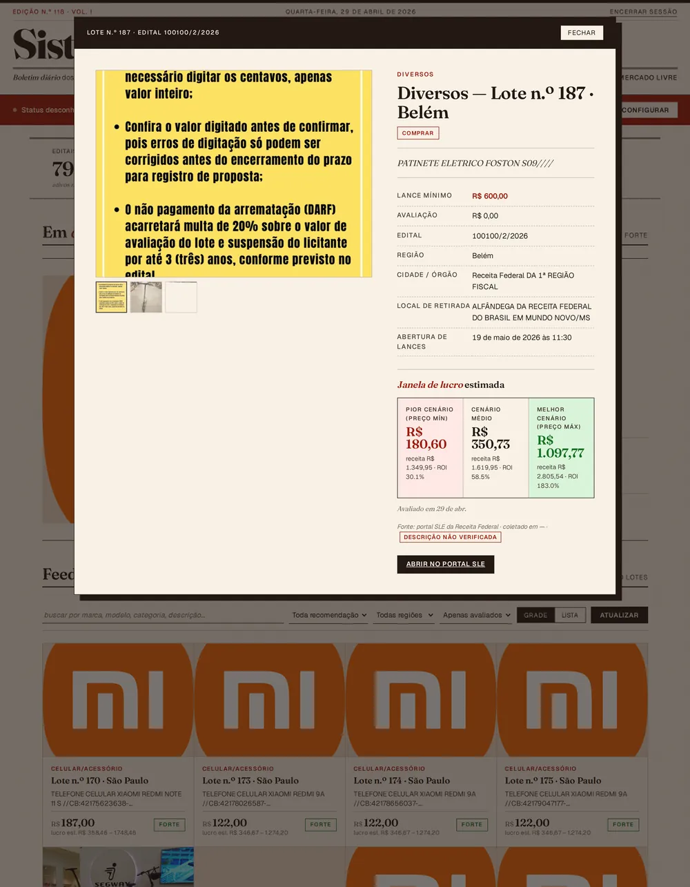 leilão lot detail marked REJECTED · the verifier's veto shown as a red DESCRIÇÃO NÃO VERIFICADA badge