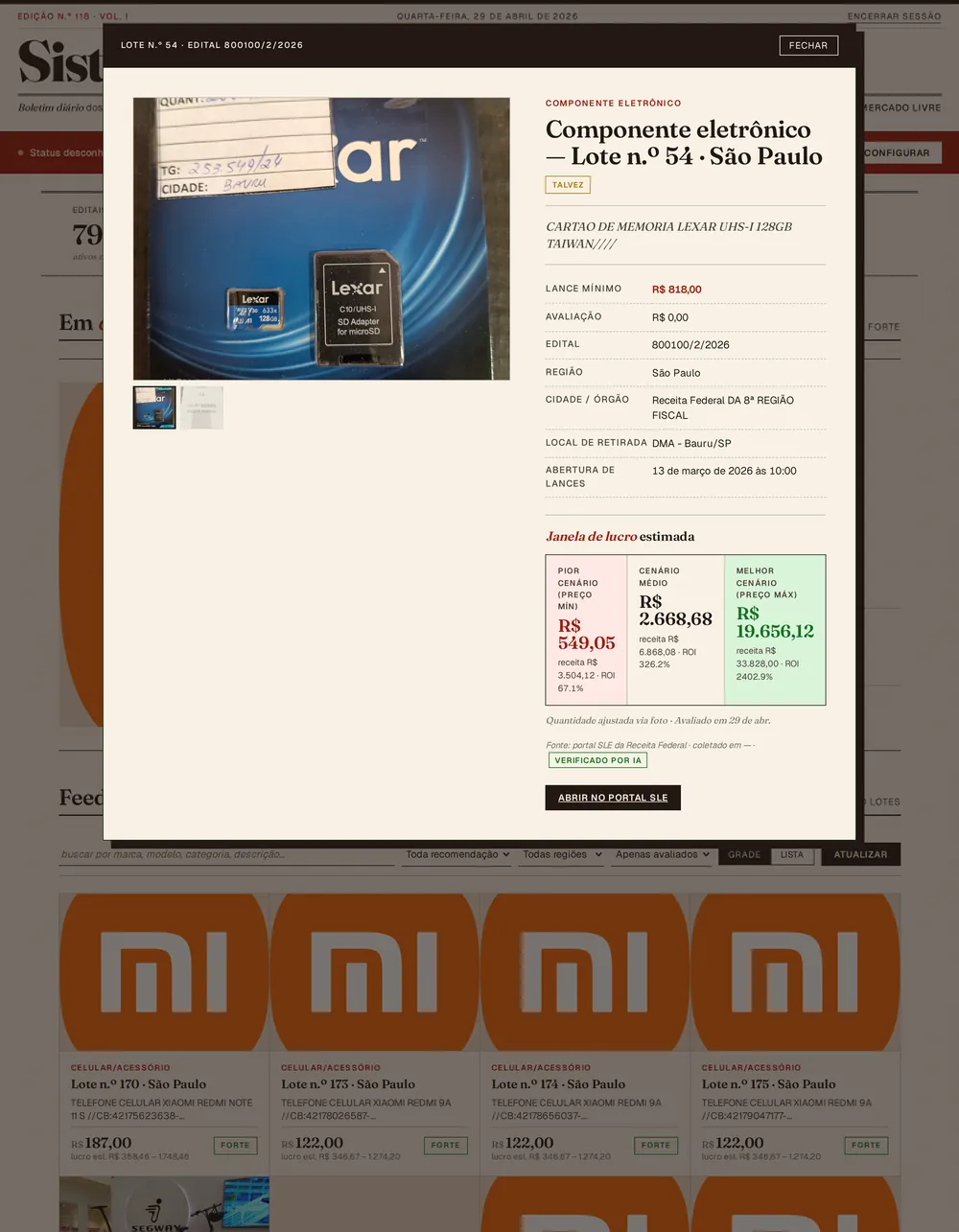 leilão lot detail marked VERIFIED with a green VERIFICADO POR IA badge, the product photo promoted to cover, and a three-column profit window