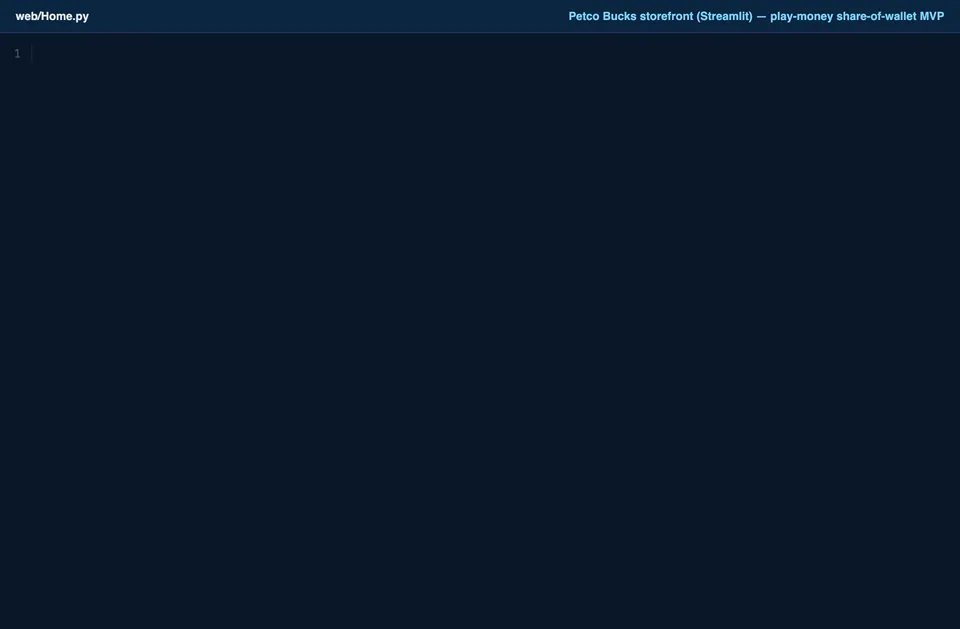 Petco Bucks storefront, a play-money share-of-wallet MVP built in Streamlit