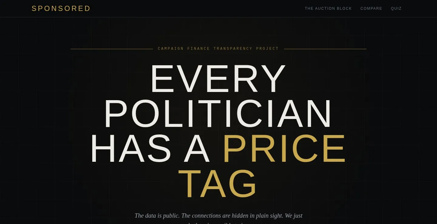sponsored editorial landing page · the auction-block framing for Who Bought Your Politicians