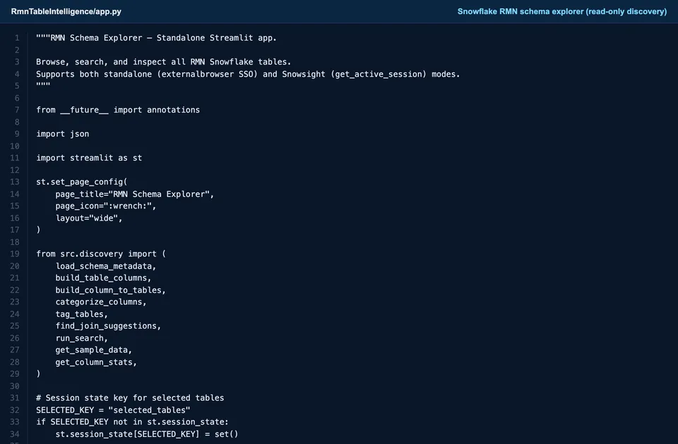 Snowflake RMN schema explorer for read-only table discovery