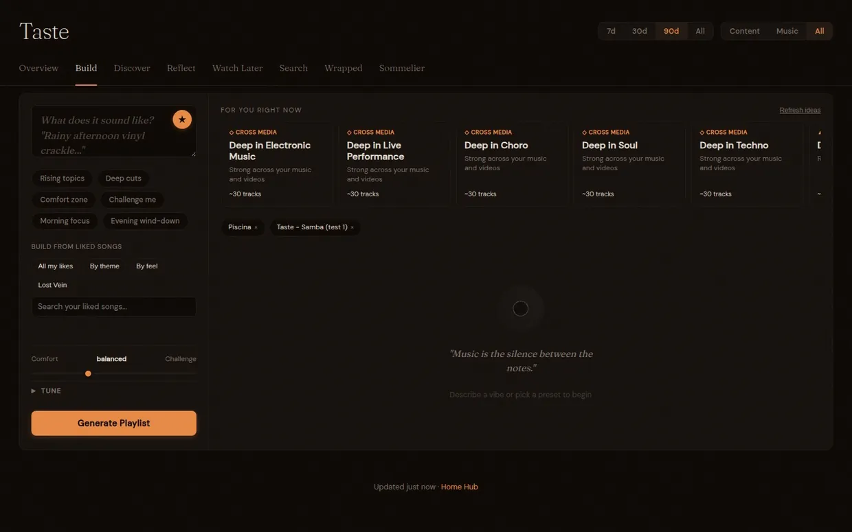 Taste Observatory Build tab: a playlist builder with mood presets (Rising topics, Deep cuts, Comfort zone) and an energy-arc slider