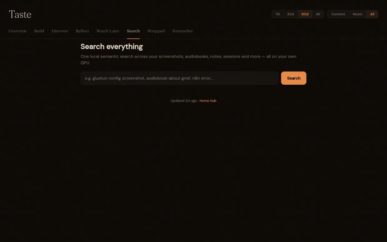 Taste Observatory Search tab: local semantic search across screenshots, audiobooks, notes and sessions, running on the owner's own GPU