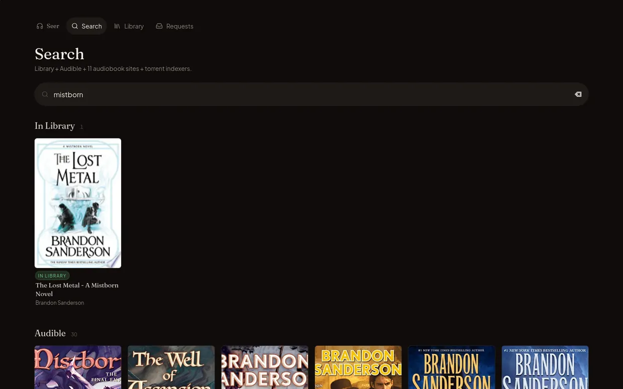 vox cross-source search across the library, Audible, 11 audiobook sites and torrent indexers