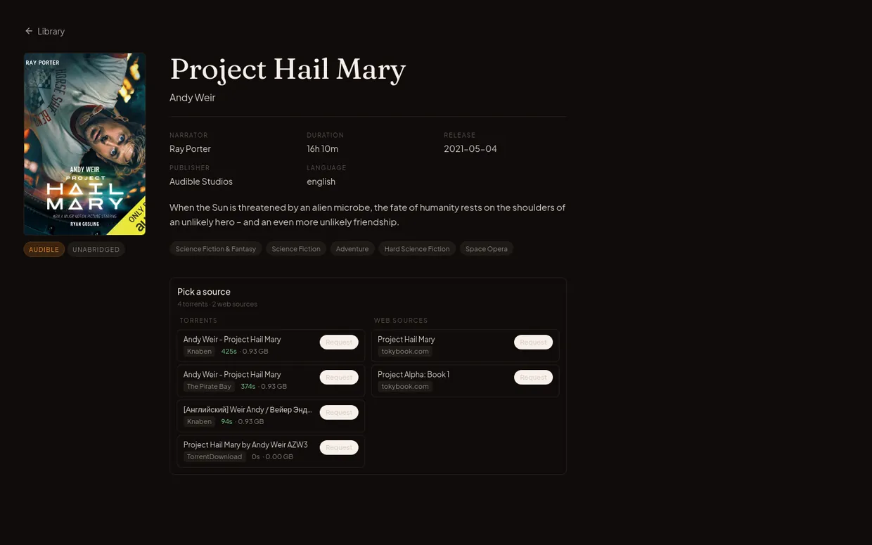 vox book detail with one-click request and a multi-source picker listing live torrent candidates and seeders