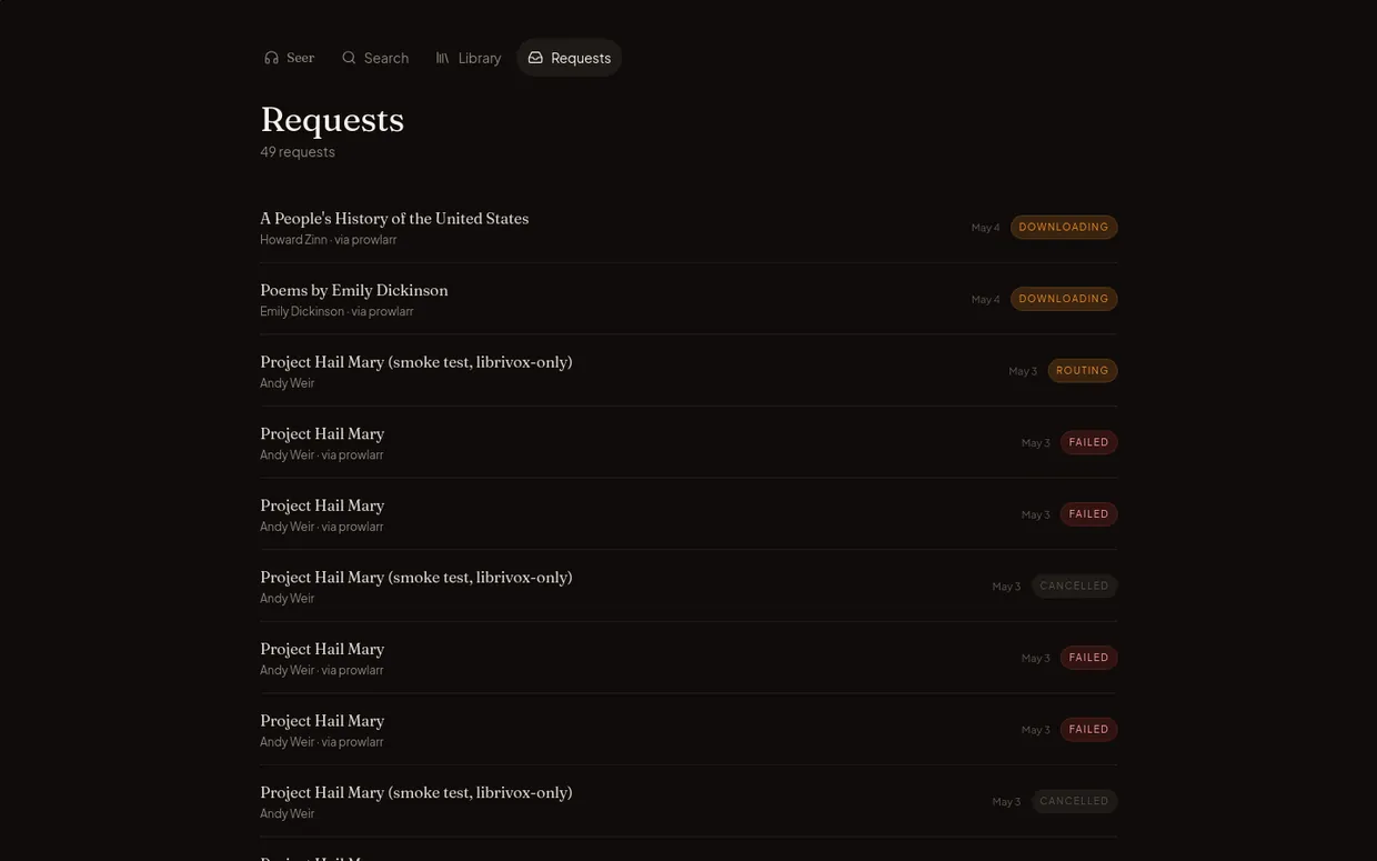 vox requests queue showing per-source status for each in-flight request